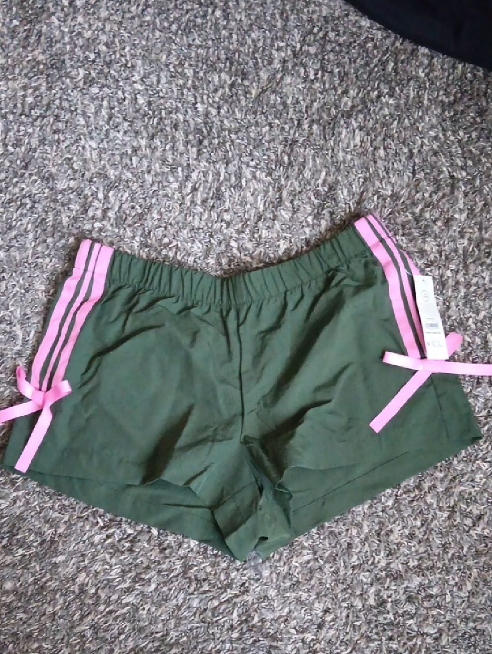 No Boundaries Green Athletic Shorts with Pink Side Stripes & Bows